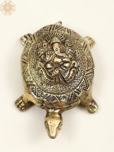 5" Small Brass Vastu Tortoise with Ganesha on Top | Handmade