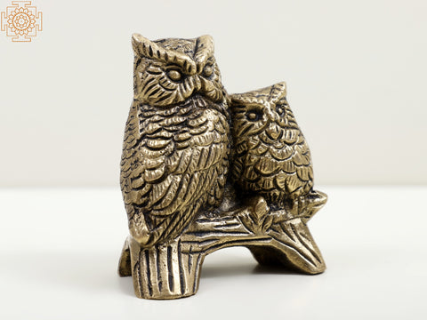 2" Small Brass Owl with Baby Owl