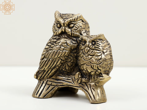 2" Small Brass Owl with Baby Owl