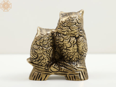 2" Small Brass Owl with Baby Owl