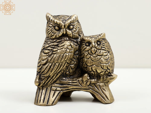 2" Small Brass Owl with Baby Owl Handmade Statue