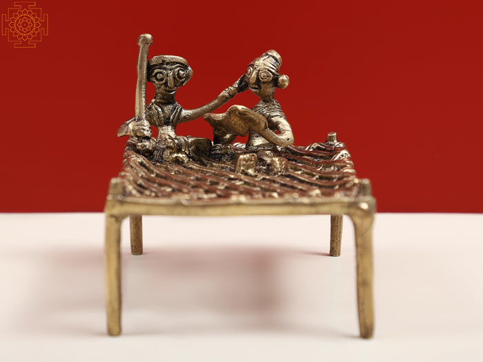 4" Brass Charpai with Tribal Figure Handmade Statue