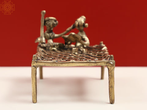 4" Small Traditional Charpai with Tribal Figure in Brass