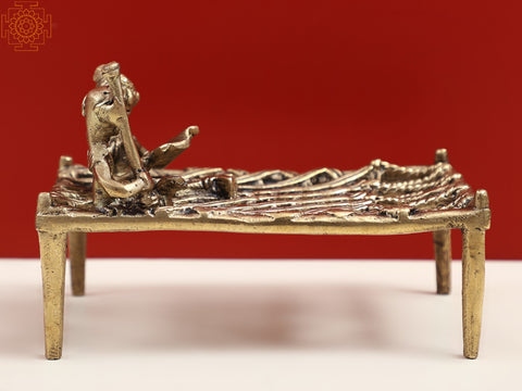 4" Small Traditional Charpai with Tribal Figure in Brass