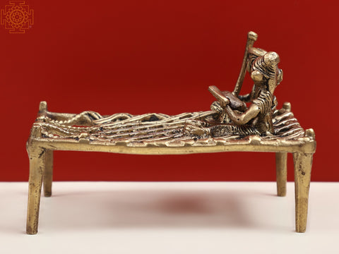 4" Small Traditional Charpai with Tribal Figure in Brass