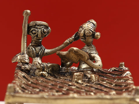 4" Small Traditional Charpai with Tribal Figure in Brass