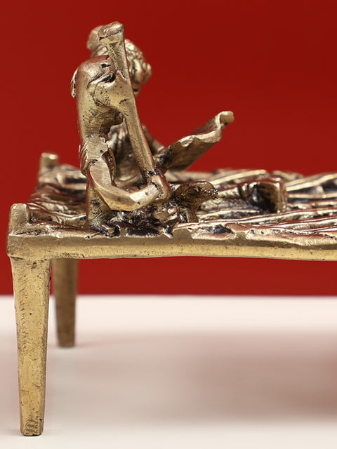 4" Small Traditional Charpai with Tribal Figure in Brass