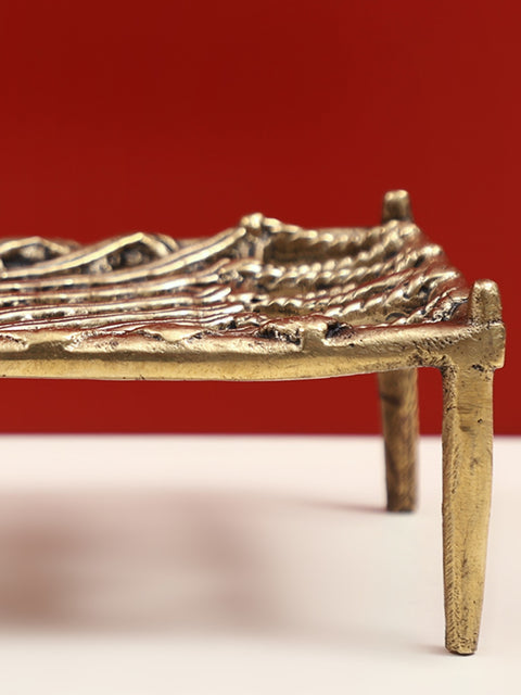 4" Small Traditional Charpai with Tribal Figure in Brass