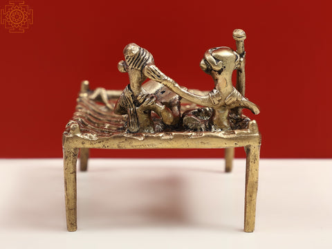 4" Small Traditional Charpai with Tribal Figure in Brass