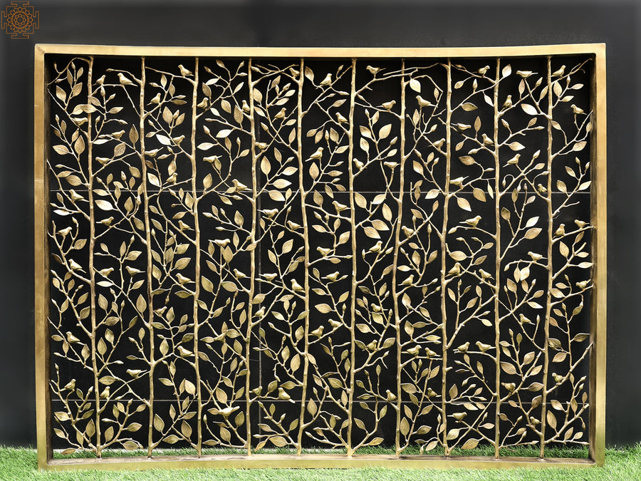60" Brass Leaf Bird Jali Wall Hanging Grill Board