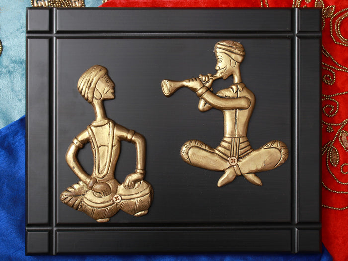 11" Brass Two Musicians Wall Hanging with Wooden Frame