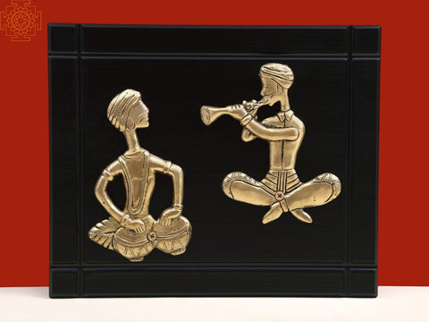11" Brass Two Musicians Wall Hanging with Wooden Frame