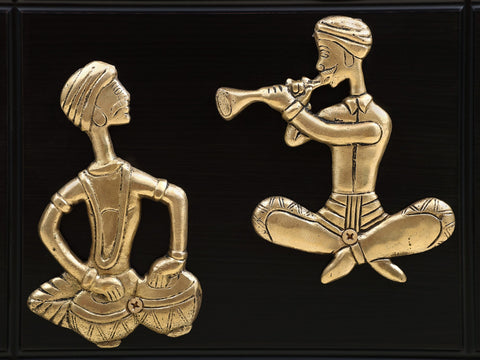 11" Brass Two Musicians Wall Hanging with Wooden Frame