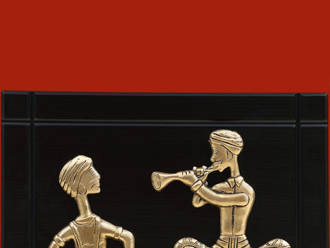 11" Brass Two Musicians Wall Hanging with Wooden Frame