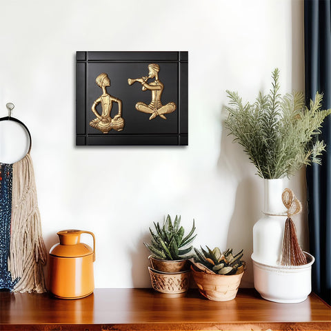 11" Brass Two Musicians Wall Hanging with Wooden Frame
