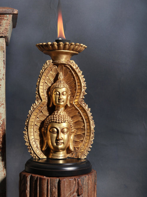 11" Double Face Buddha Brass Statue with Wooden Candle Holder