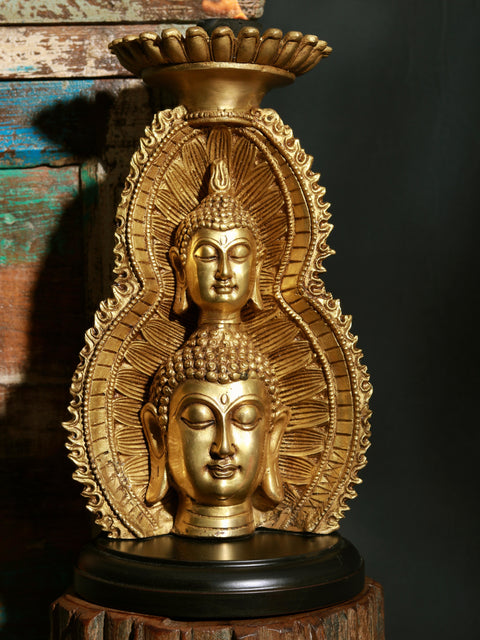 11" Double Face Buddha with Candle Holder on Wooden Base