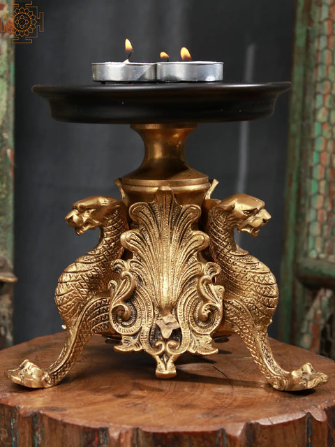 7" Wooden and Brass Dragon Candle Stand