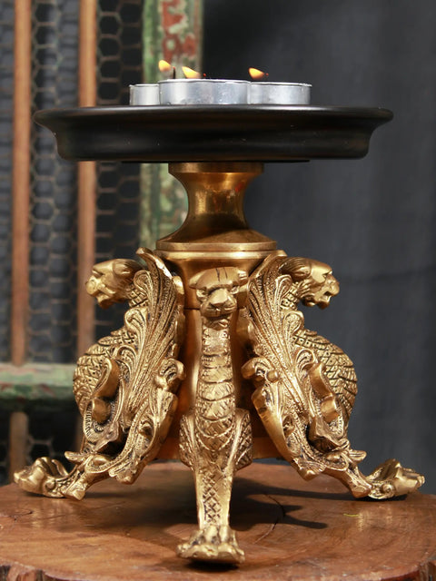 7" Wooden and Brass Dragon Candle Stand