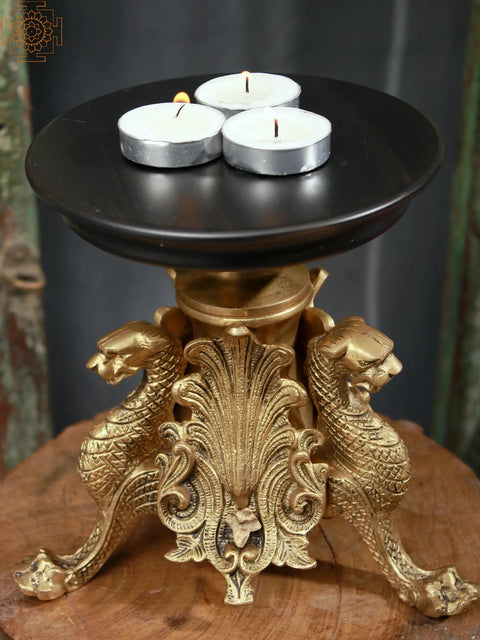 7" Wooden and Brass Dragon Candle Stand