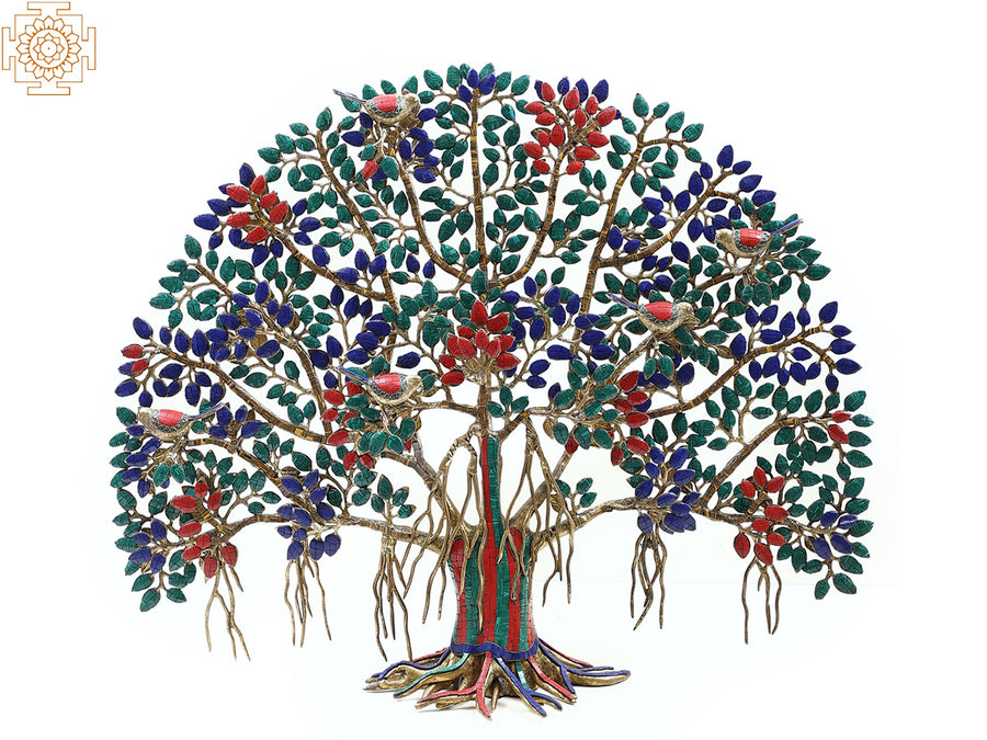 34" Large Brass Tree of Life Statue with Inlay Work