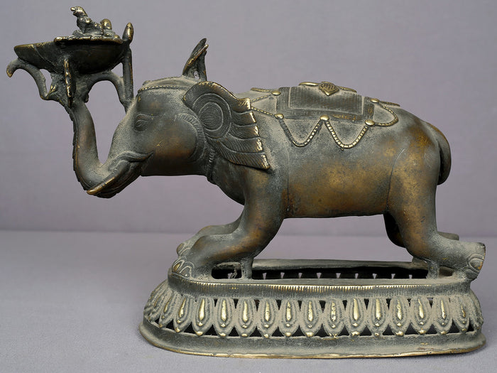 12" Brass Elephant Lamp with Traditional Nepal Craftsmanship
