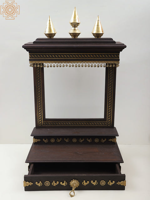 37" Large Wooden Designer Temple with Brass Dangling Ghungroos