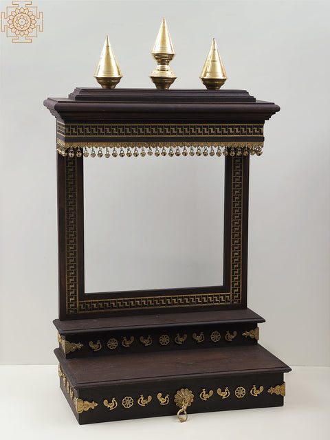 37" Large Wooden Designer Temple with Brass Dangling Ghungroos