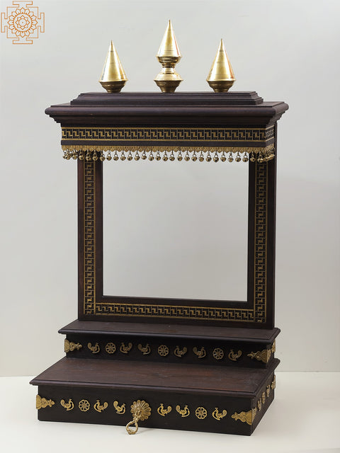 37" Large Wooden Designer Temple with Brass Dangling Ghungroos