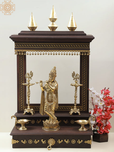 37" Large Wooden Designer Temple with Brass Dangling Ghungroos