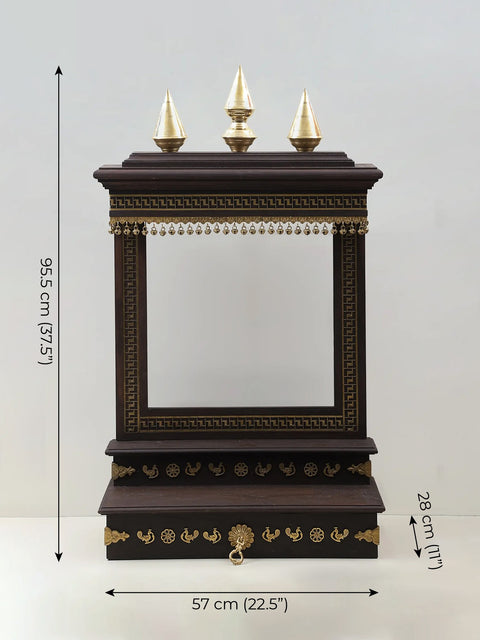 37" Large Wooden Designer Temple with Brass Dangling Ghungroos