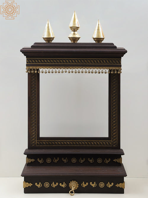 37" Wooden Designer Temple with Brass Ghungroos Statue