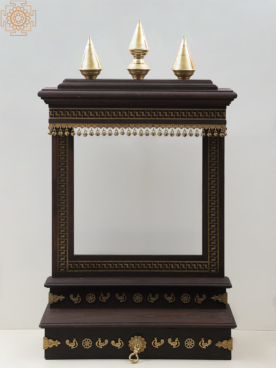 37" Wooden Designer Temple with Brass Ghungroos Statue