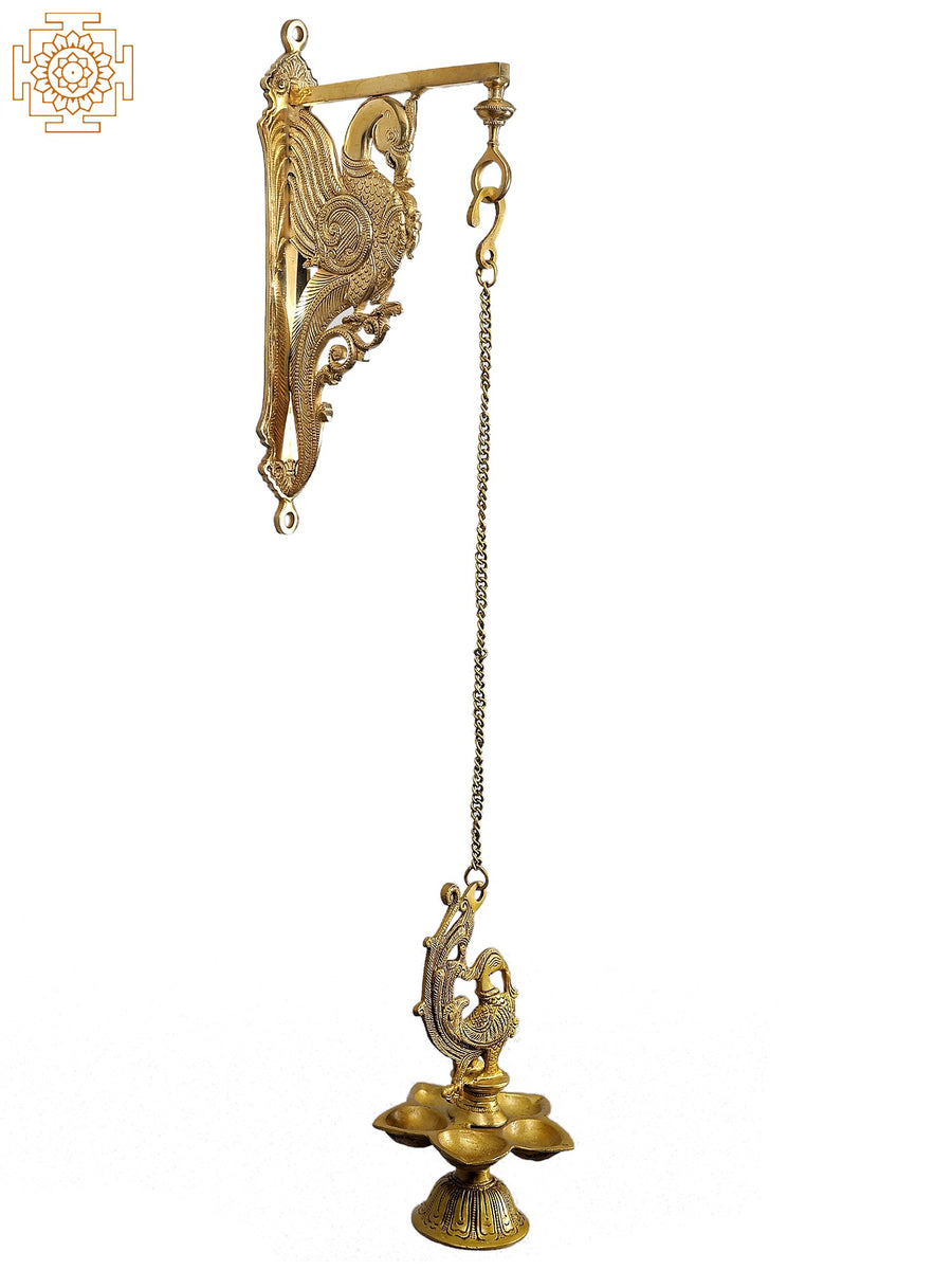 37" Brass Parrot Wall Hanging Lamp with Five-Wick Oil Burner