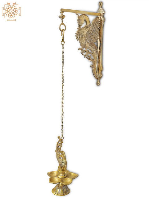 37" Brass Wall Hanging Parrot Bracket with Five Wicks Lamp