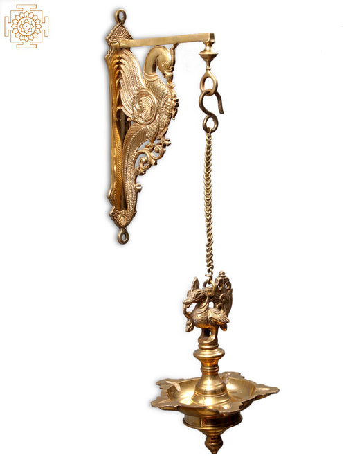 20" Brass Parrot Wall Hanging Lamp with Five Wicks for Pooja