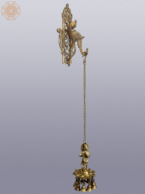33" Brass Krishna Parrot Hanging Lamp with Bracket