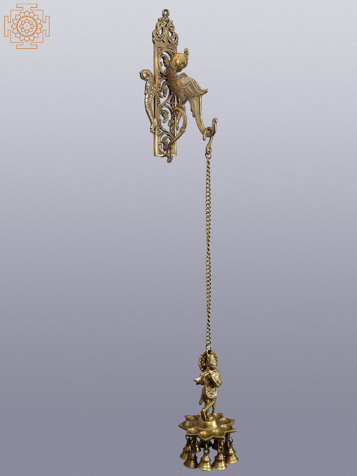 33" Brass Krishna Parrot Hanging Lamp with Bracket