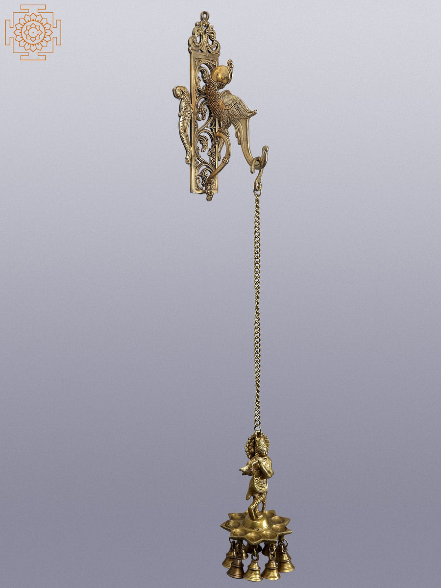 33" Brass Krishna Parrot Hanging Lamp with Bracket