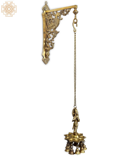 29" Brass Peacock Lord Krishna Hanging Lamp with Wall Bracket
