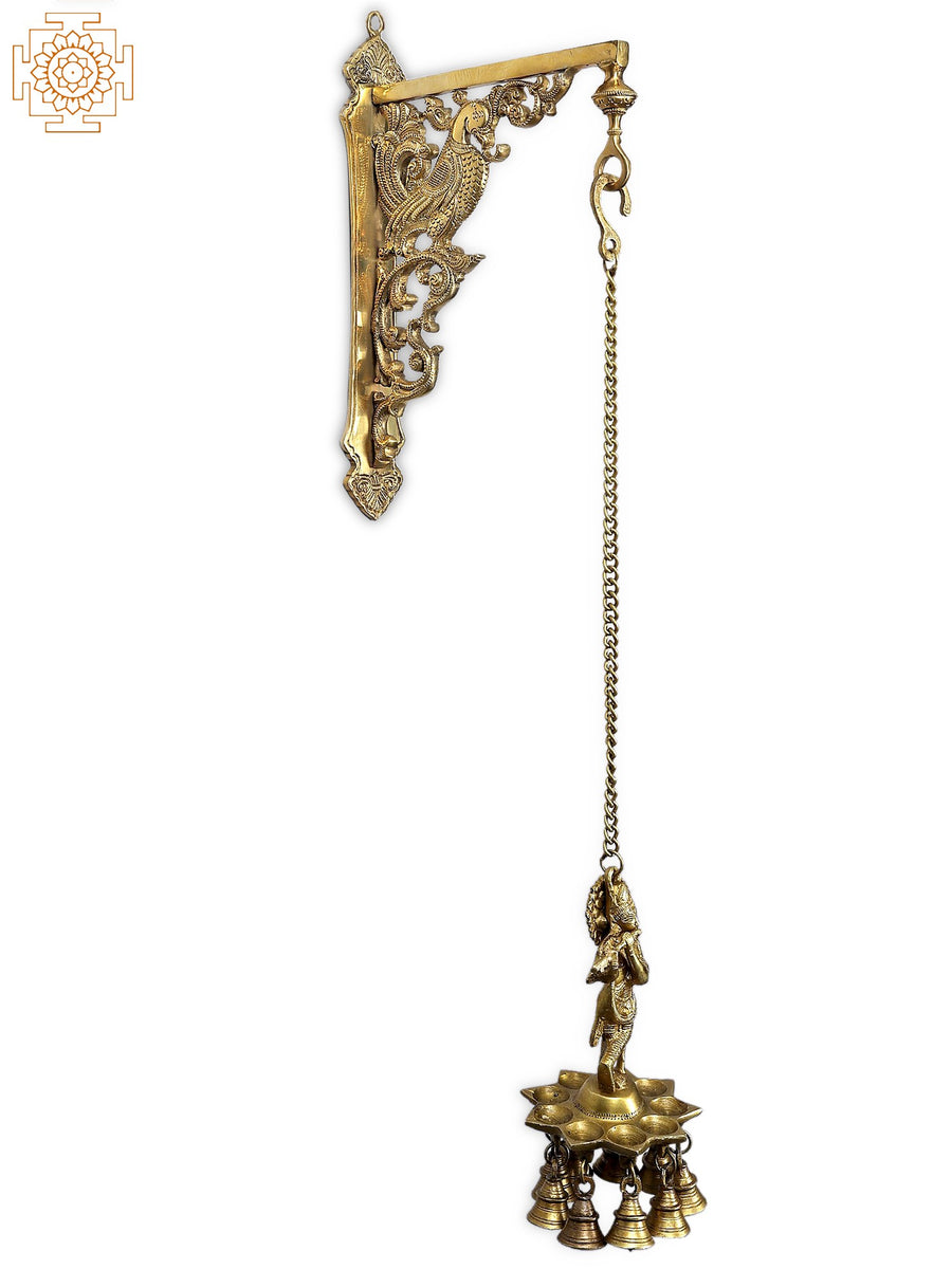29" Brass Peacock Lord Krishna Hanging Lamp with Wall Bracket