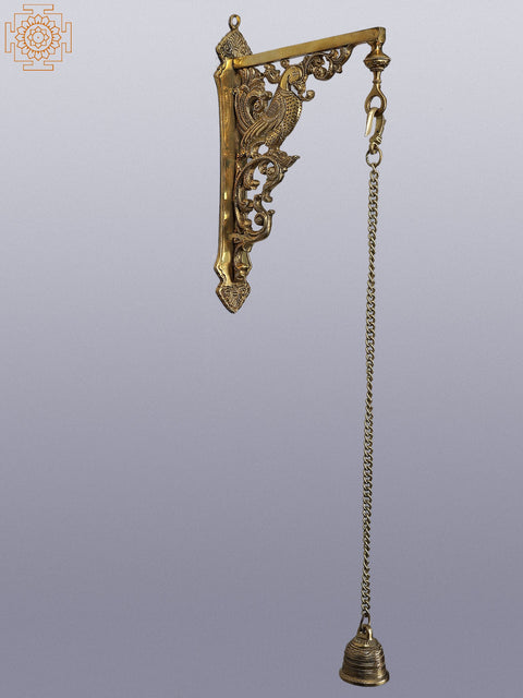 27" Brass Peacock Wall Bracket with Hanging Bell