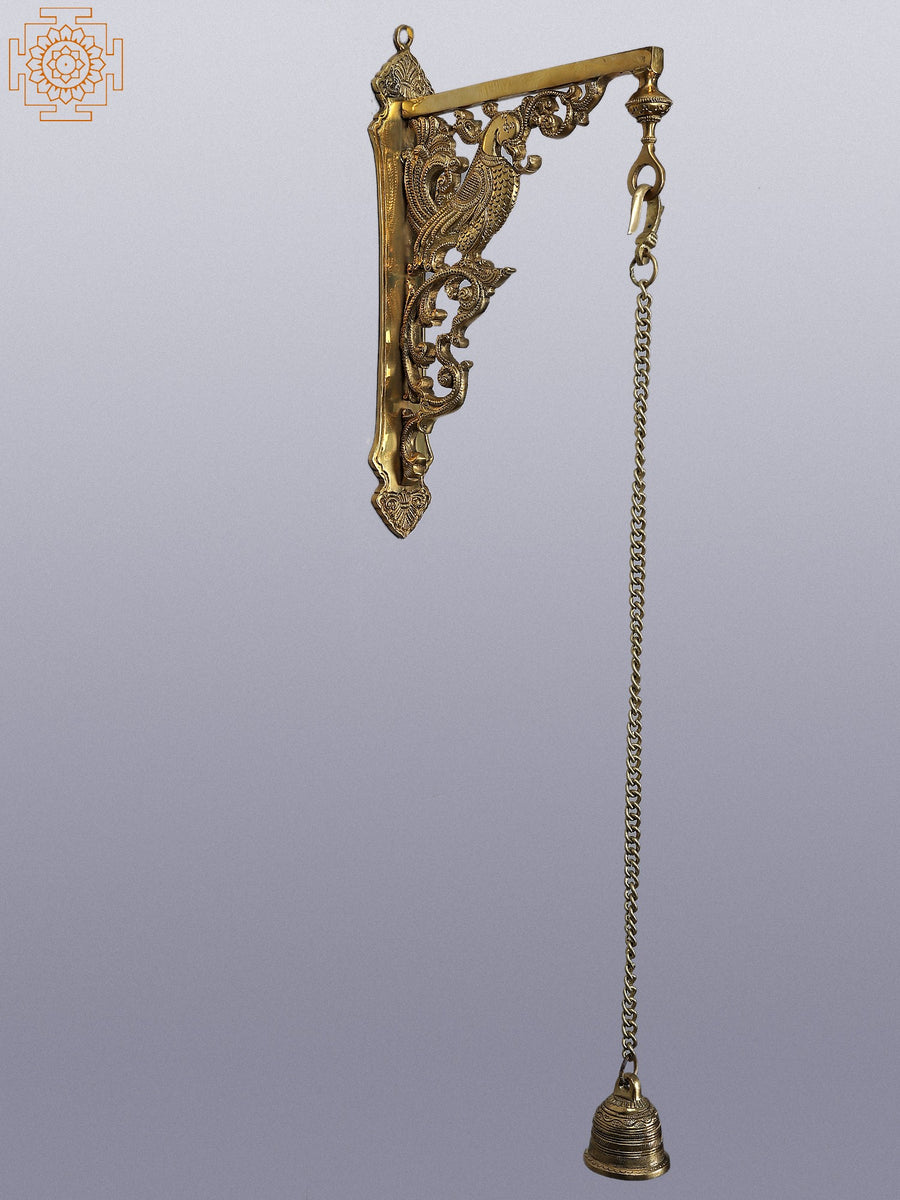 27" Brass Peacock Wall Hanging with Bell Ornament