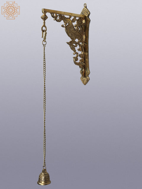 27" Brass Peacock Wall Bracket with Hanging Bell