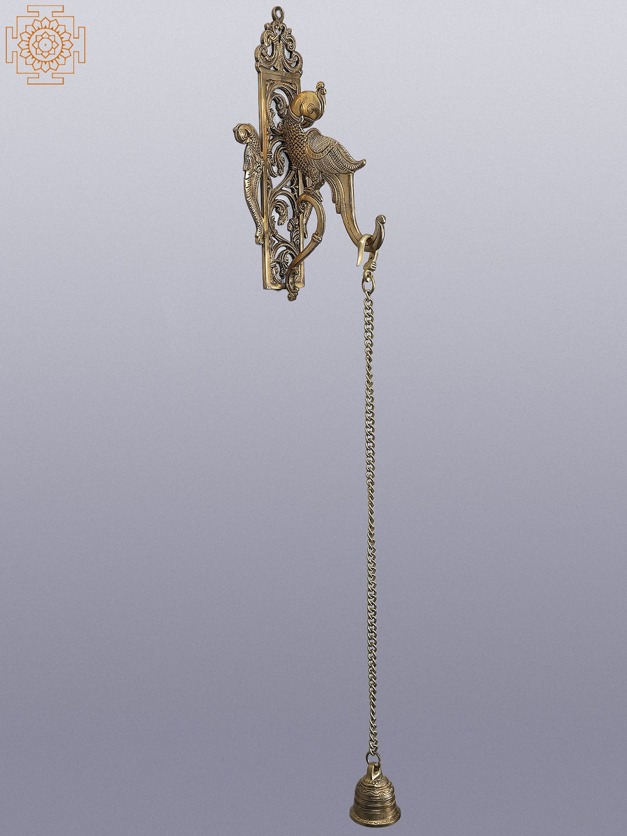 31" Brass Parrot Wall Bracket with Hanging Temple Bell for Home Decor