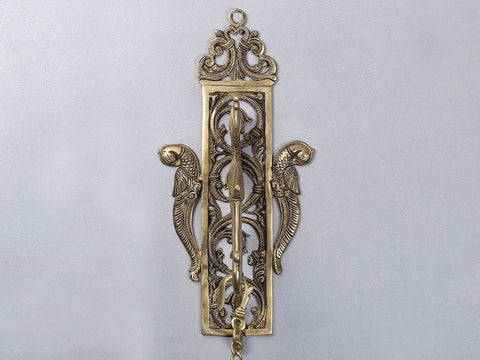 31" Brass Parrot Wall Bracket with Hanging Temple Bell