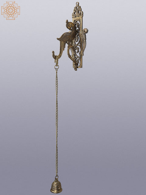 31" Brass Parrot Wall Bracket with Hanging Temple Bell