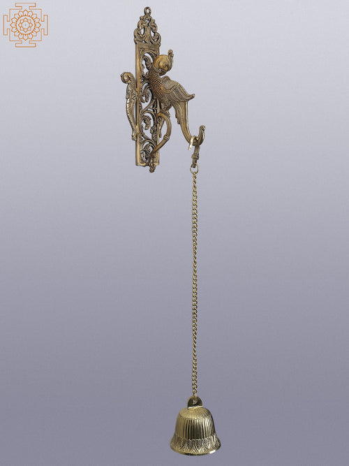 30" Brass Parrot Wall Bracket with Temple Bell for Home Decor