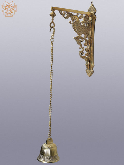 26" Brass Peacock Wall Bracket with Temple Bell