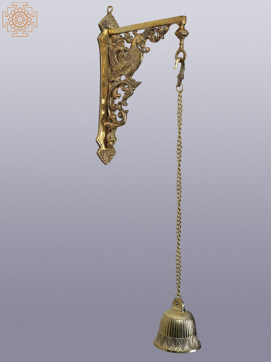 26" Brass Peacock Wall Bracket with Temple Bell for Pooja